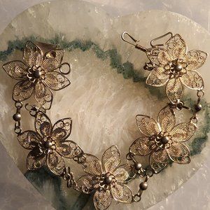 Intricate Vintage Sterling Silver Weave Filigree Flower Bracelet  7-1/16" 15.2g